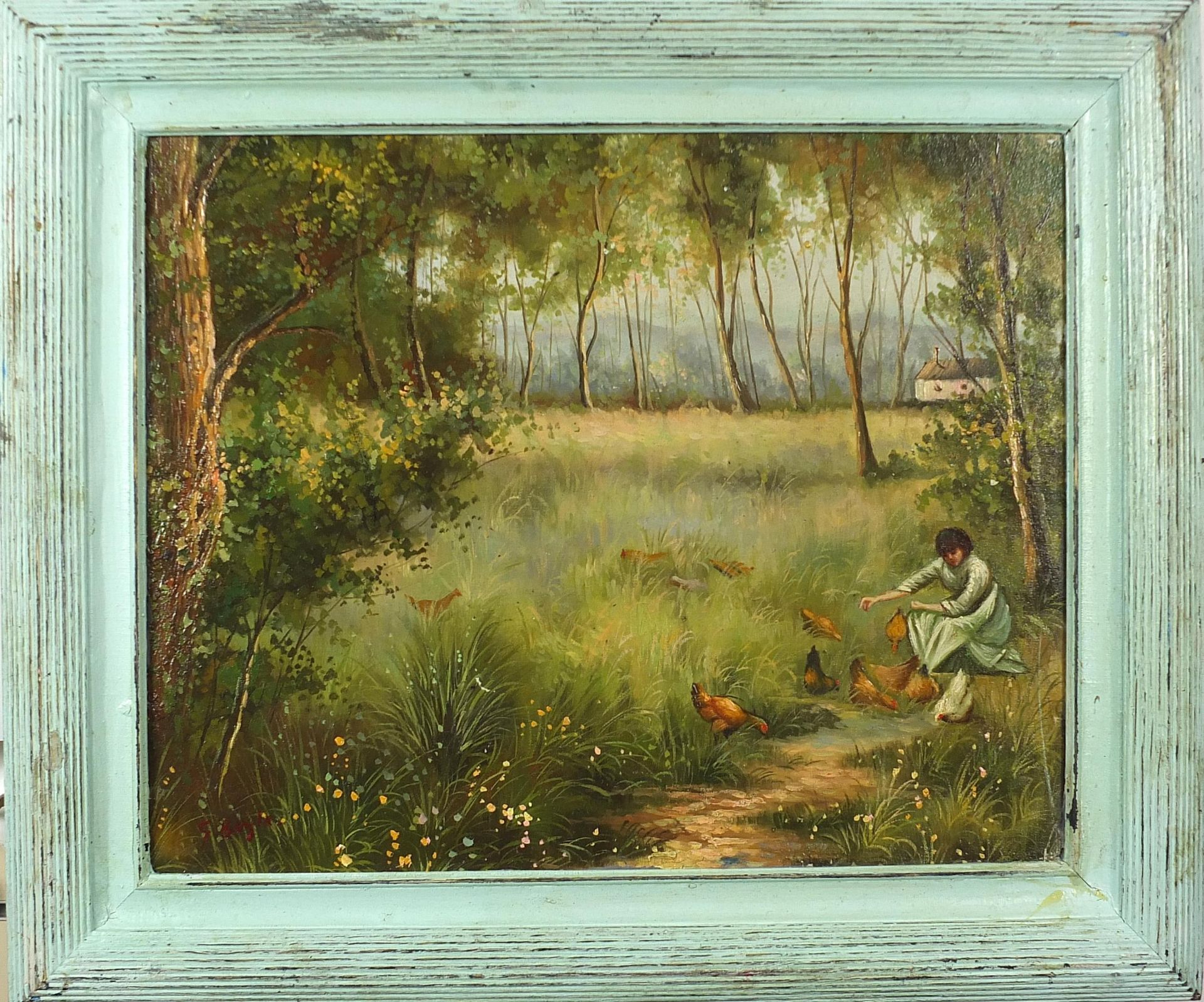 After George Boyle - Female feeding chickens before trees, oil on board, mounted and framed, 50cm - Image 2 of 4