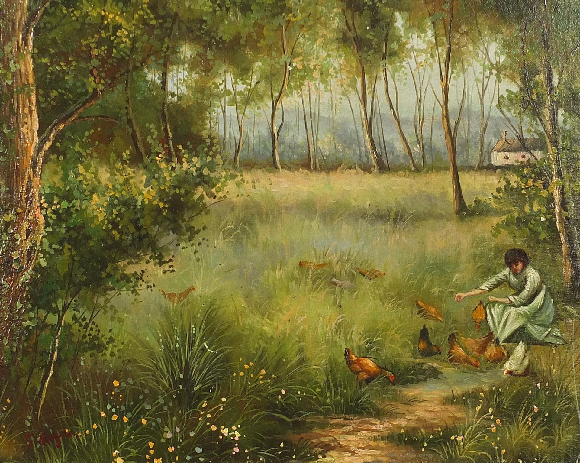 After George Boyle - Female feeding chickens before trees, oil on board, mounted and framed, 50cm