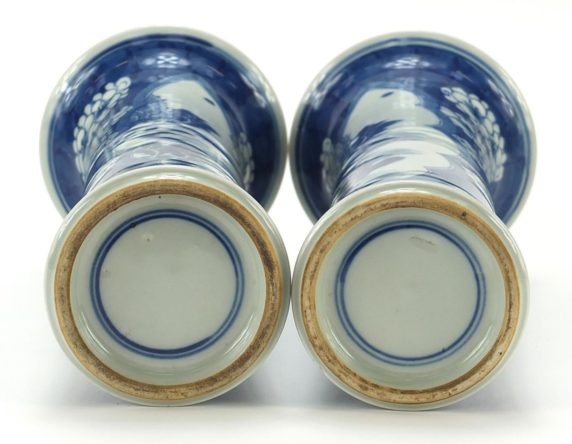 Pair of Chinese blue and white porcelain vases hand painted with panels of landscapes, blue ring - Image 3 of 3