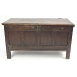 Antique oak coffer with Arcadian carved panels, 73cm H x 30cm W x 53cm D