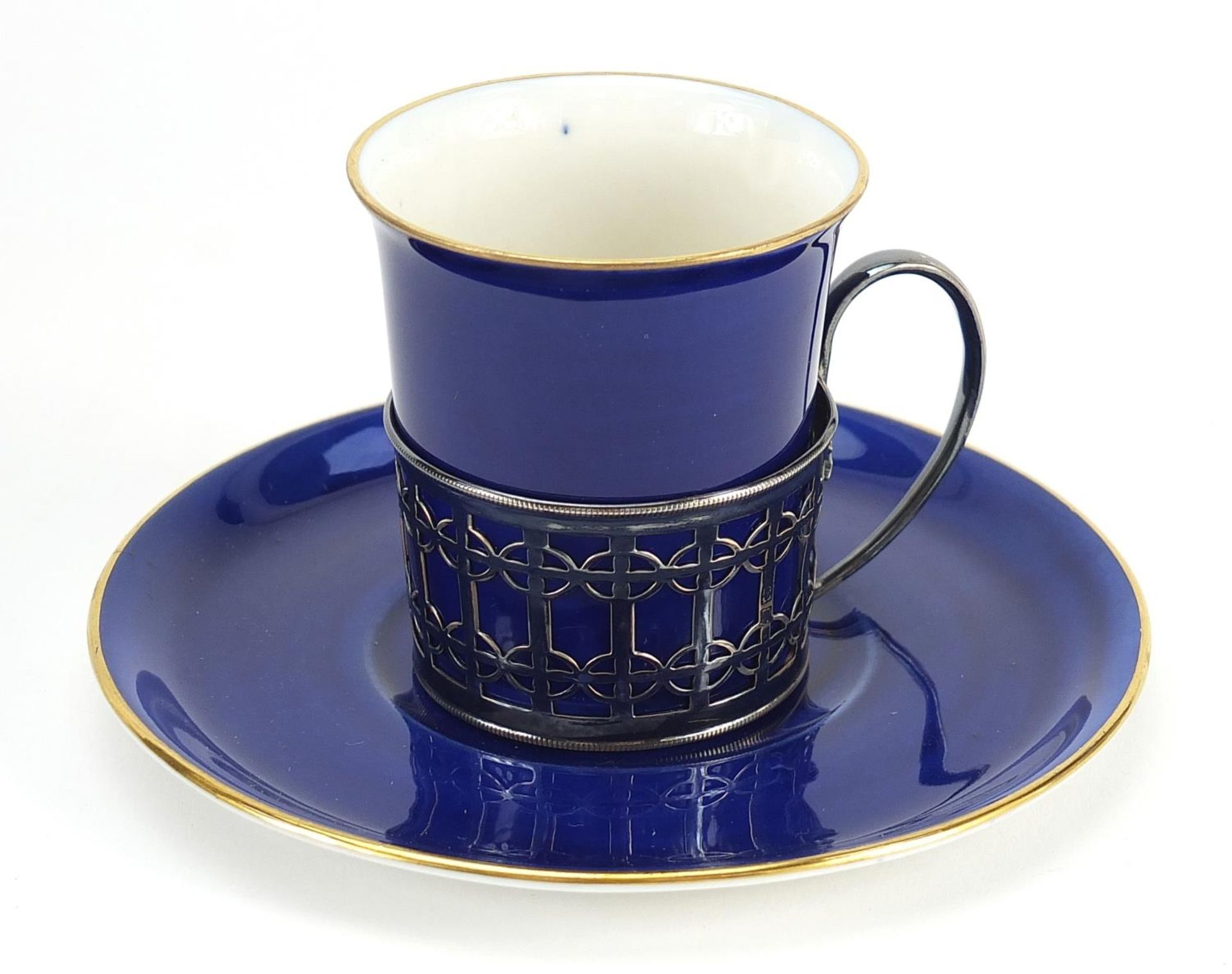 Set of six Shelley blue ground coffee cans and saucers with silver cup holders housed in a fitted - Image 3 of 6
