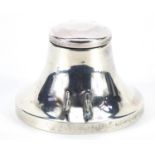 J B & Co, circular silver inkwell with pen rest and glass liner, Birmingham 1923, 6cm in diameter,