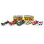 Five vintage model cars including two Airfix examples with boxes and Scalextric