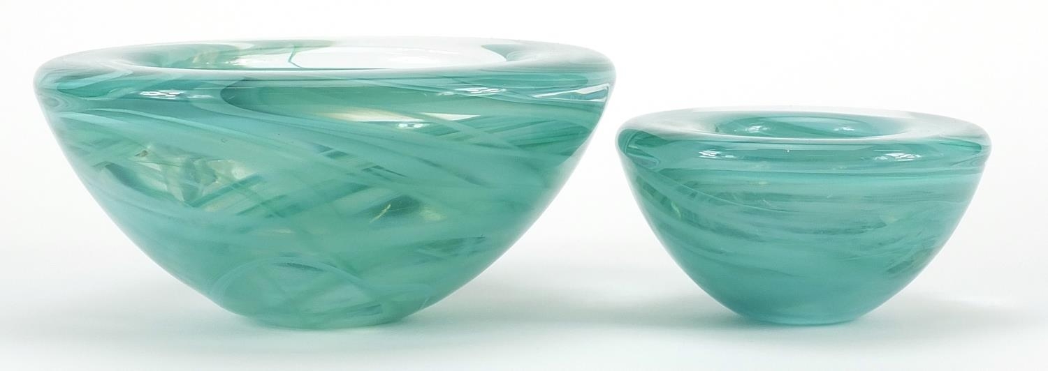 Kosta Boda, two Scandinavian green smoky glass bowls, the largest 17cm in diameter - Image 2 of 4