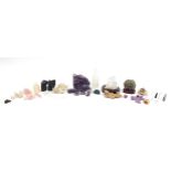 Rocks and minerals including amethyst and rose quartz, the largest 26cm high