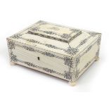 Good Anglo Indian sandalwood, ivory and penwork sarcophagus shaped sewing box with fitted lift out