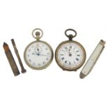 Objects including a Tell chronograph pocket watch and Georgian silver bladed folding fruit knife,