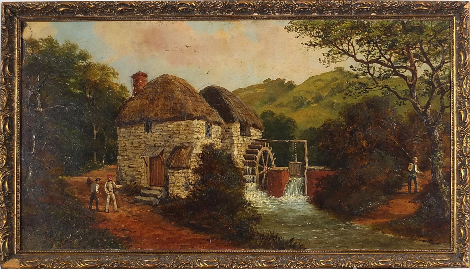 Figures beside a watermill, continental oil on board, mounted and framed, 53cm x 28cm excluding - Image 2 of 3