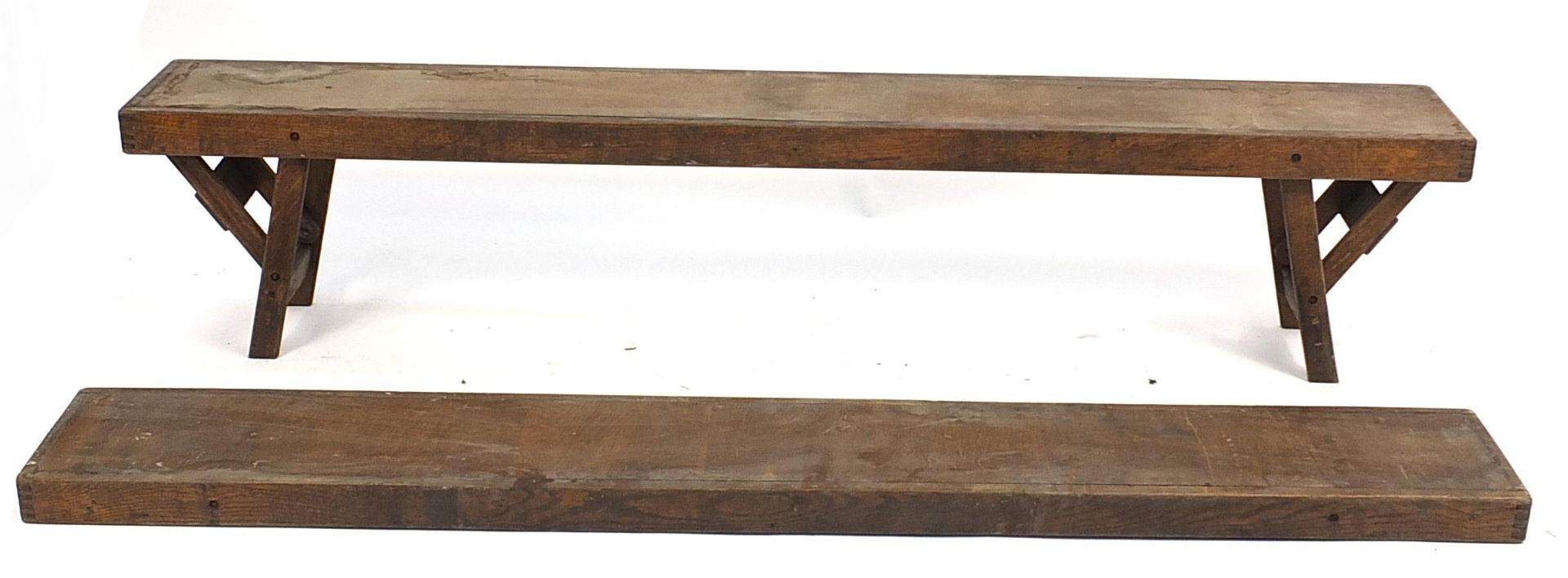 Pair of vintage folding gymnasium benches, 38cm H x 183cm W x 25cm D - Image 3 of 4