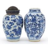 Two Chinese blue and white porcelain vases, one with hardwood lid, each hand painted with flowers,