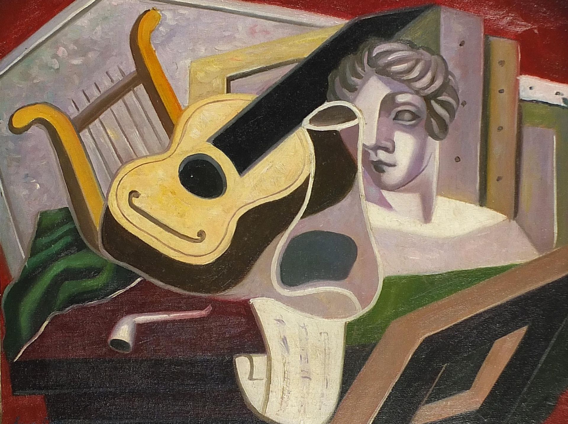 After Juan Gris - Surreal still life with guitar and bust, cubist oil on board, mounted and