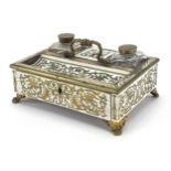 19th century ivory and horn desk stand with brass foliate inlay, fitted with two glass inkwells