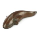 Japanese patinated bronze catfish, impressed character marks, 5.5cm in length