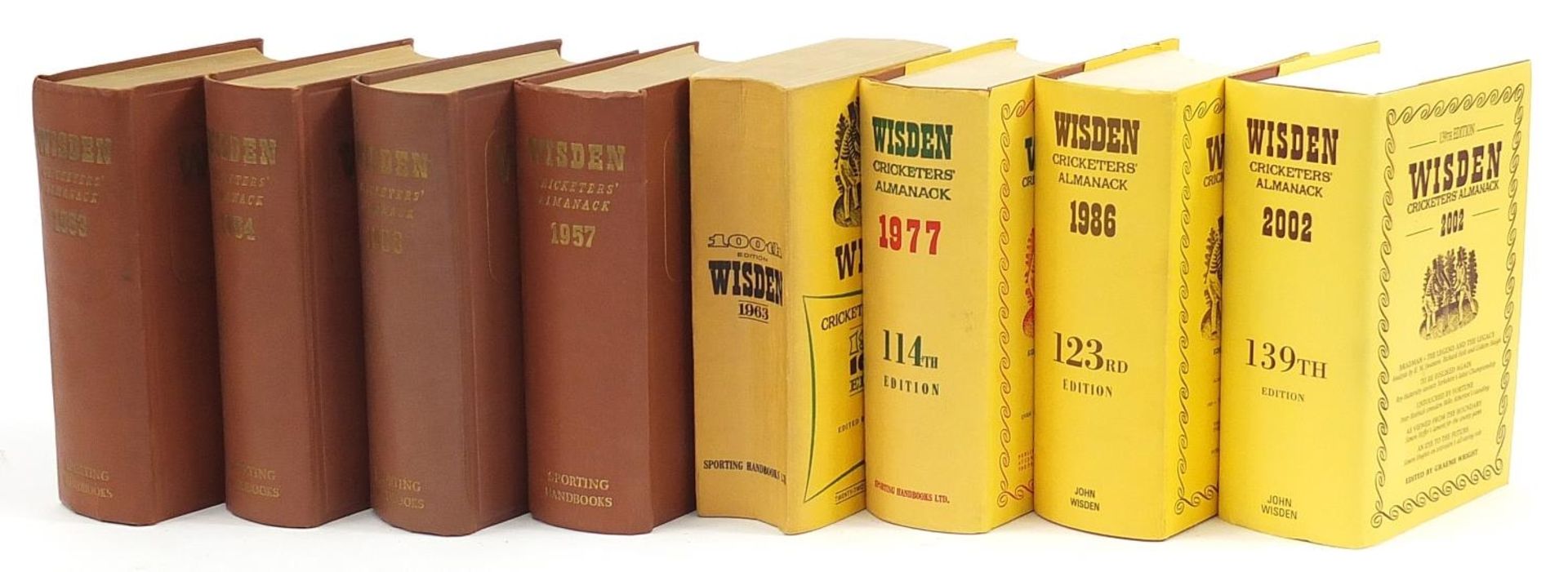 Eight Wisden Cricket Almanacs, 1953, 1954, 1956, 1957, 1963, 1977, 1986 and 2002