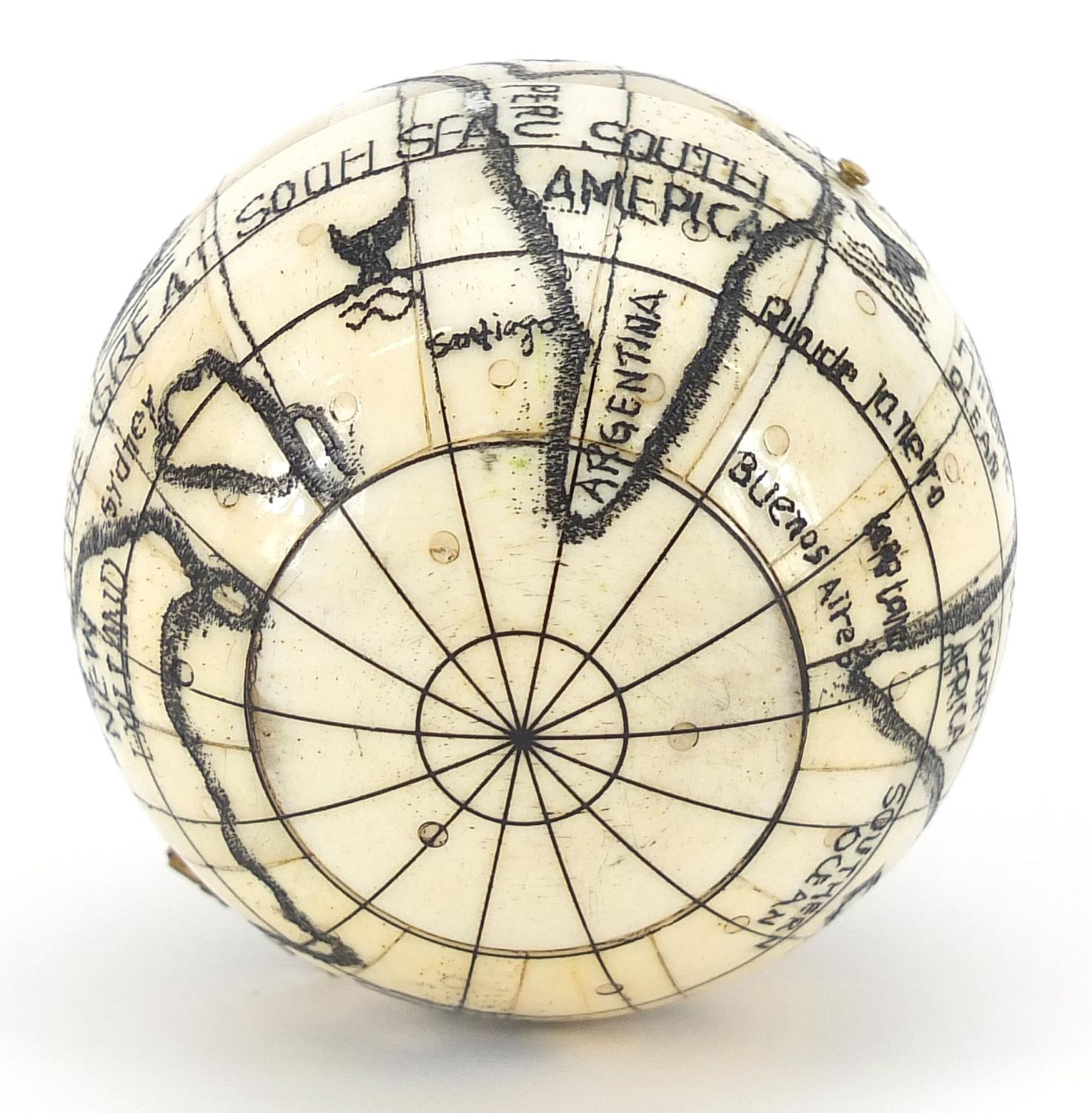 Naval interest carved bone pocket globe and compass, 7cm in diameter - Image 4 of 4