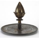 19th century Islamic damascene flower candle holder, 13cm high x 15cm in diameter