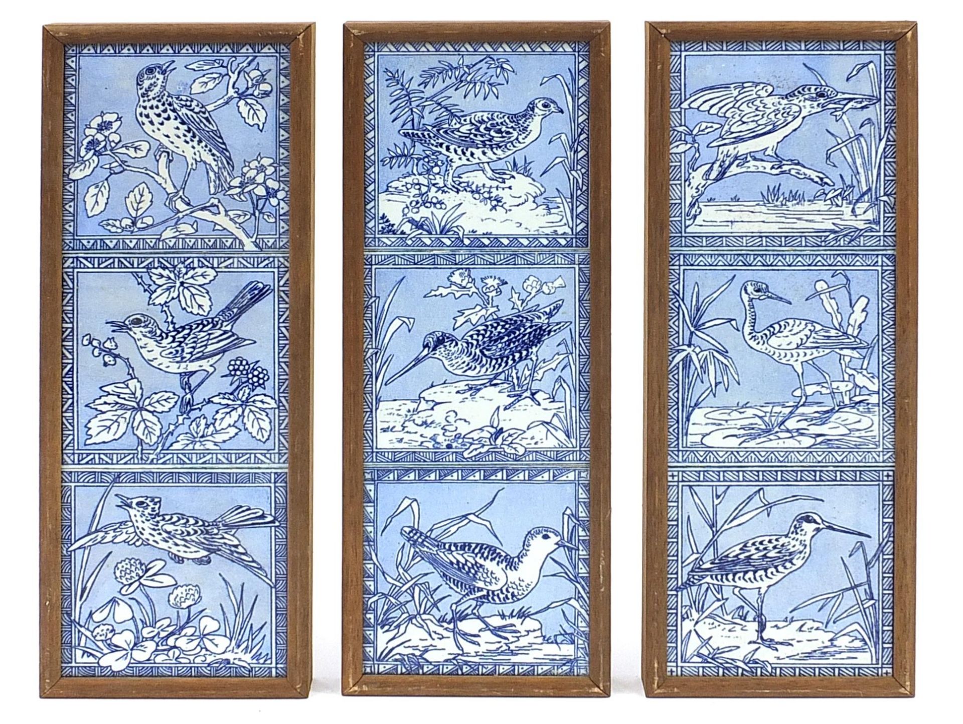 Minton & Hollins, set of nine aesthetic tiles decorated with birds amongst flowers after A E Godwin,