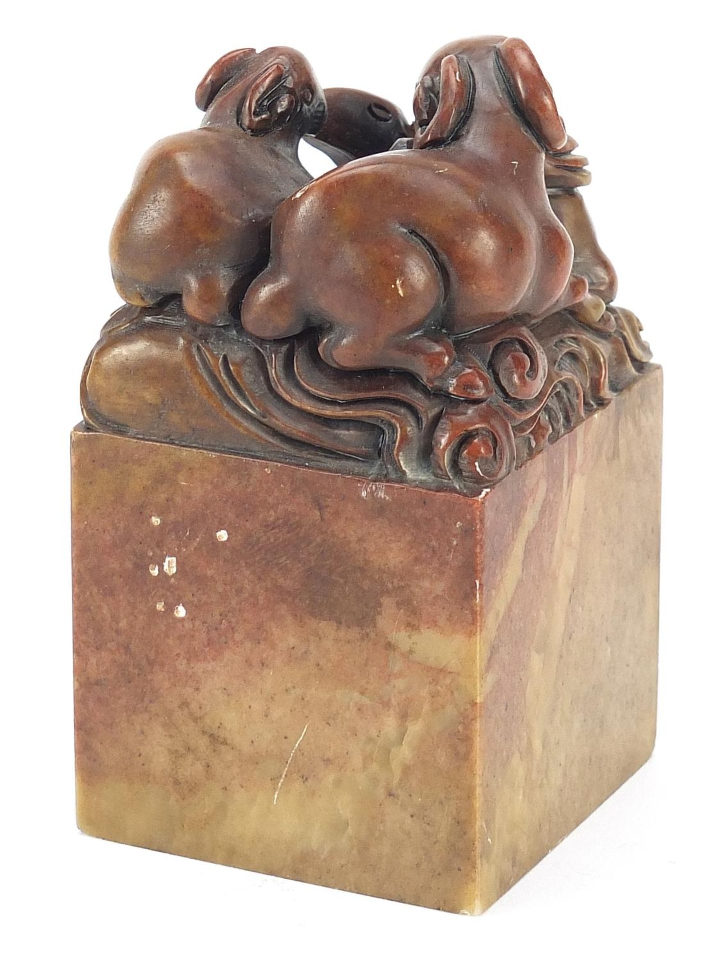 Large Chinese soapstone seal carved with three rams, 12.5cm high - Image 2 of 3