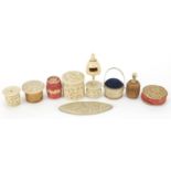 19th century ivory and bone sewing objects including pin cushion in the form of a basket and tatting