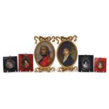 Three pairs of portrait miniatures including a pair housed in gilt bow design frames, the largest