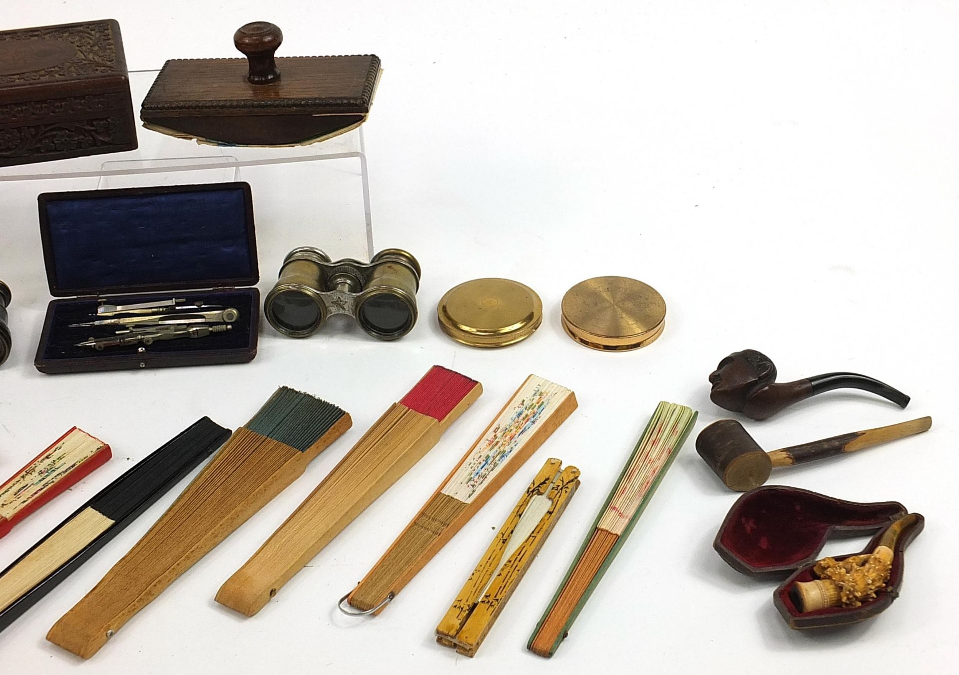 Sundry items including binoculars, bone glove stretchers, part drawing set, oak blotter and fans - Image 3 of 3