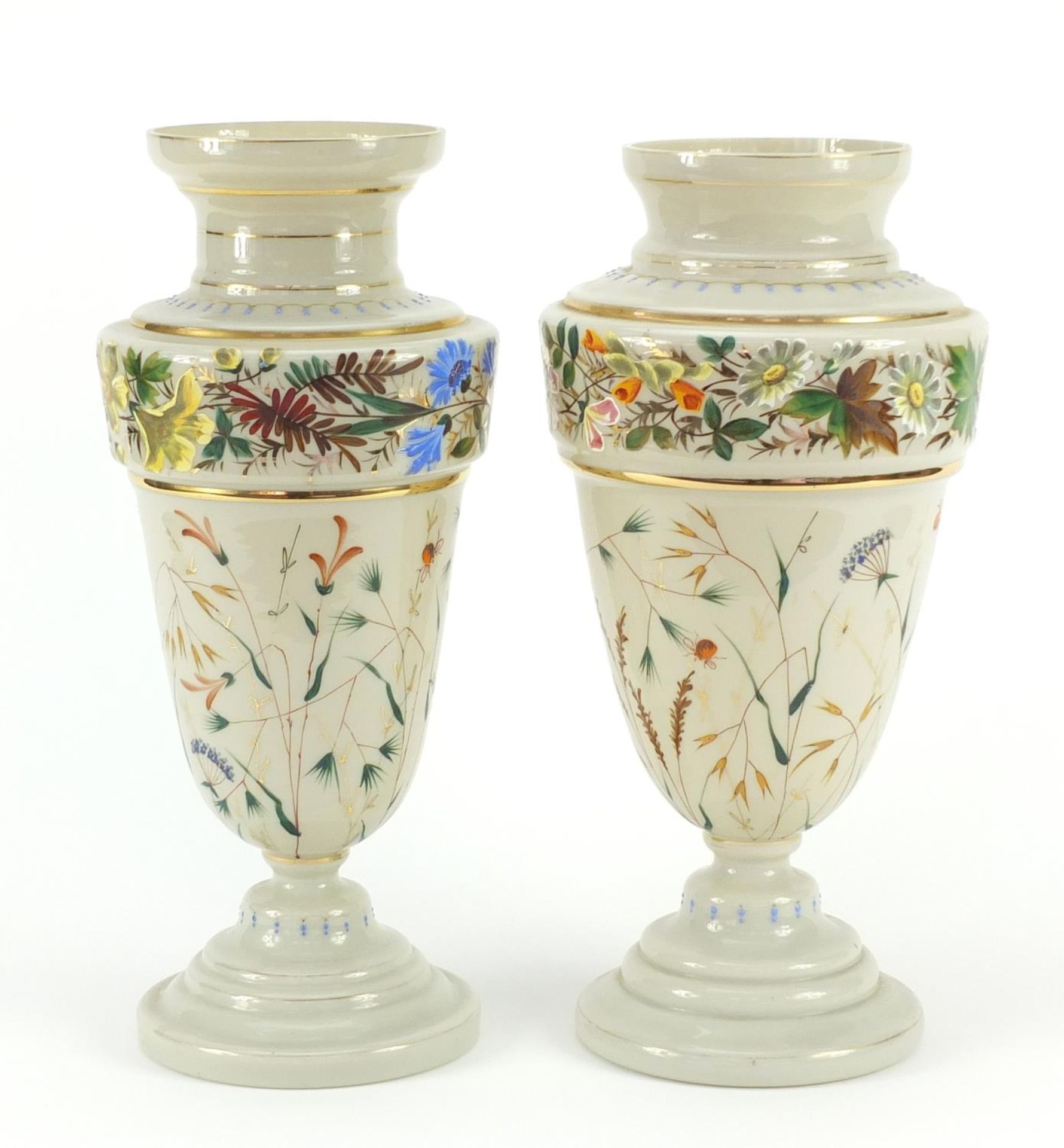 Matched pair of 19th century opaline glass vases, hand painted with flowers and insects amongst - Image 4 of 11