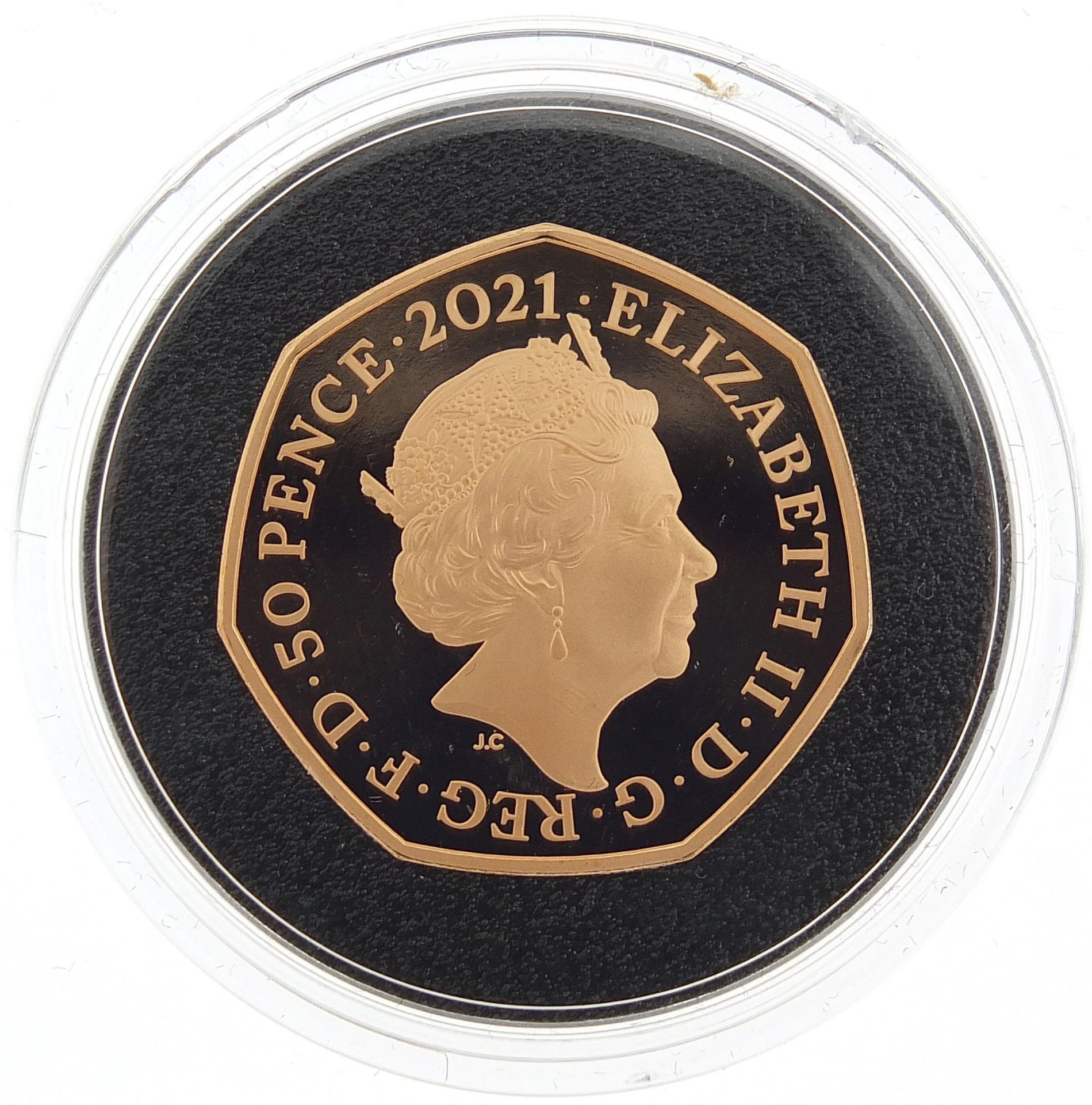 Elizabeth II 2021 Fiftieth Anniversary of Decimal Day fifty pence gold proof coin with box and - Image 3 of 4
