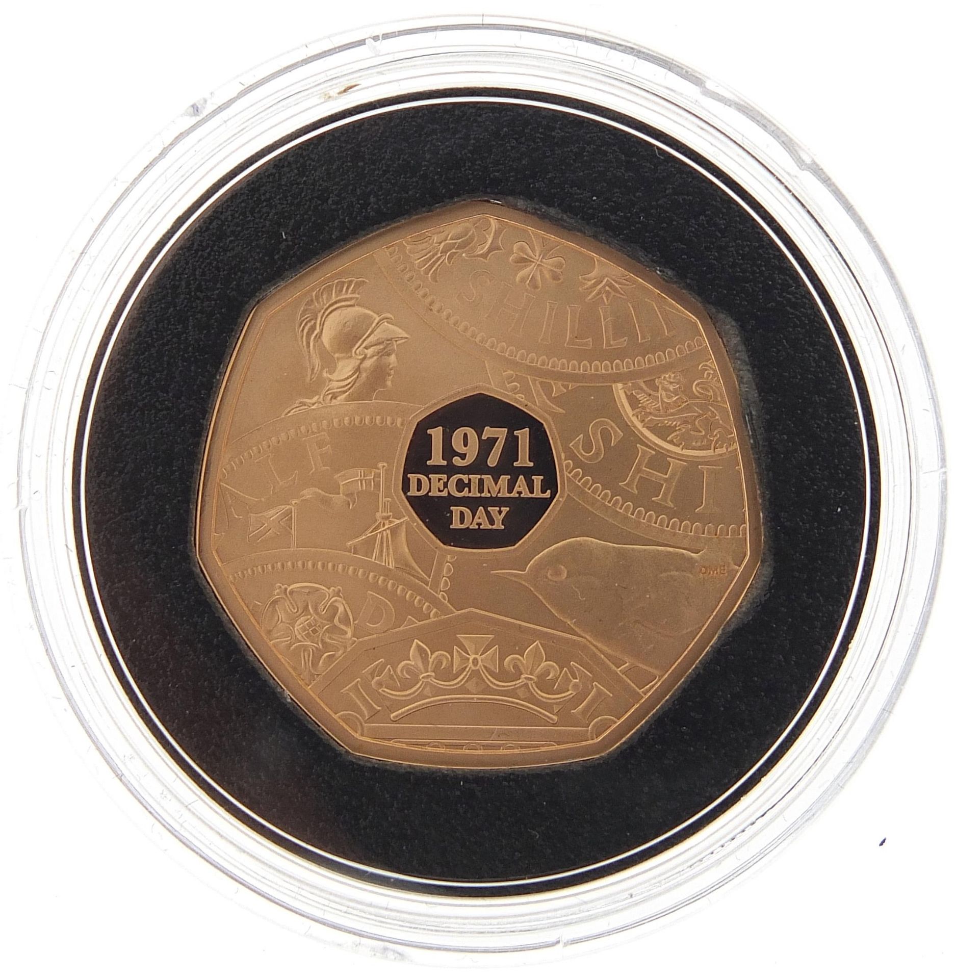Elizabeth II 2021 Fiftieth Anniversary of Decimal Day fifty pence gold proof coin with box and - Image 2 of 4