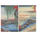 Two Japanese prints, framed and glazed as one, the largest 34cm x 21.5cm