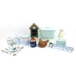 Quantity of kitchenalia including enamel bread bin, matching jug, wooden chicken egg stand,