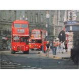 London buses next to Cafe Royale in London, retro print onto canvas, 80cm x 60cm