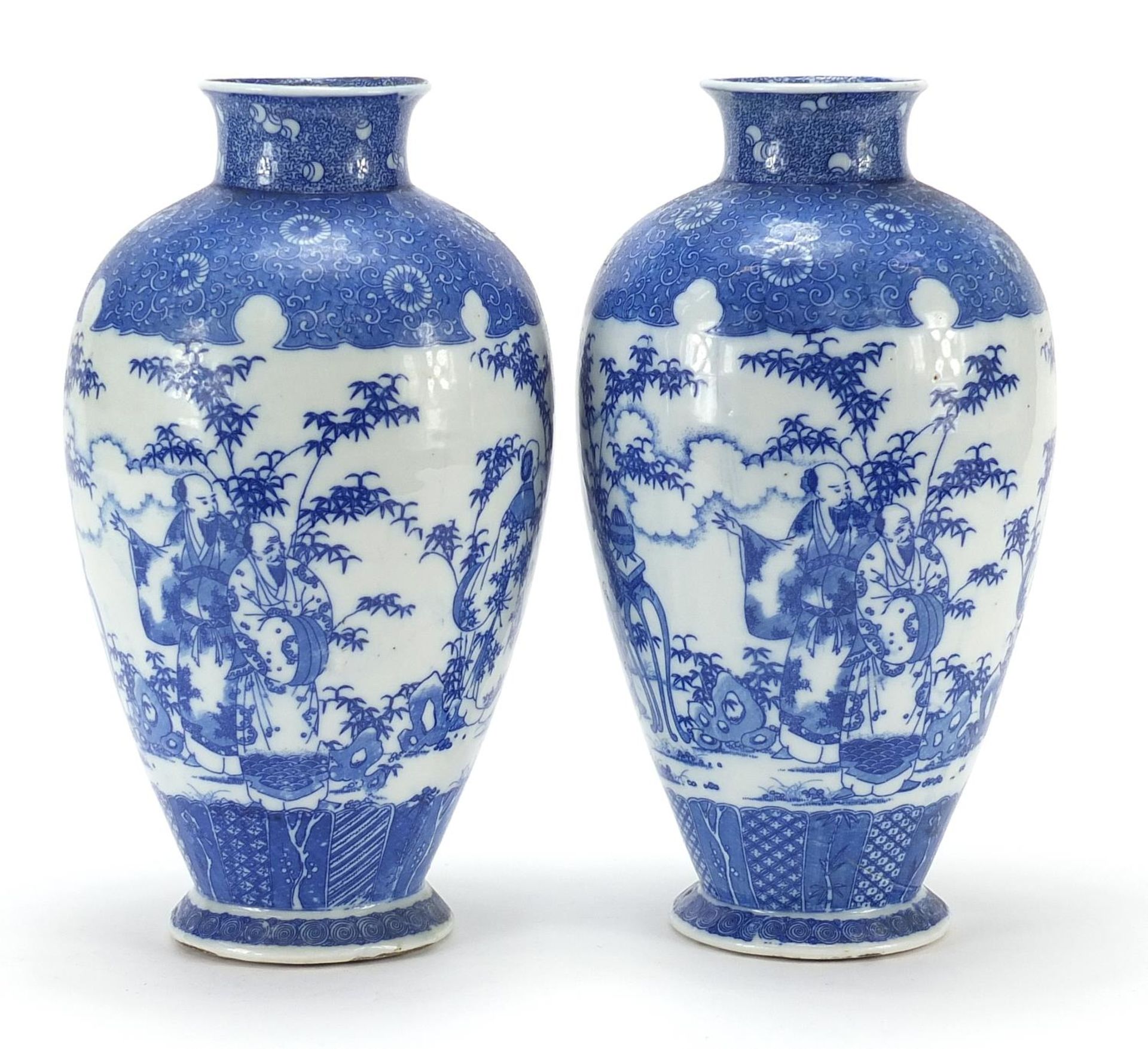 Pair of Japanese blue and white porcelain vases, each decorated with scholars in a landscape, - Image 4 of 9
