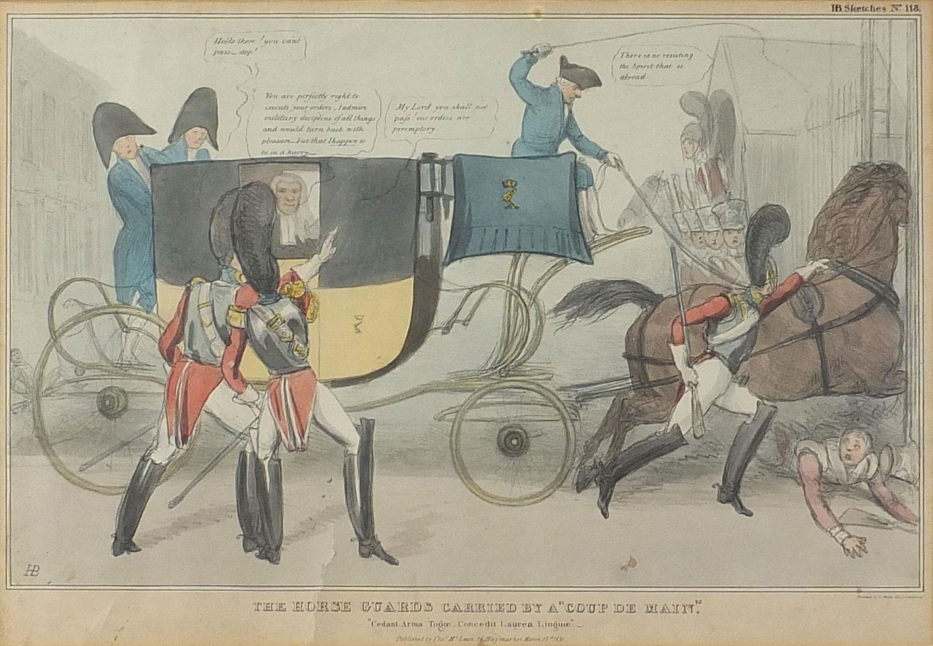 The Horse Guards carried by a 'coup de main', 19th century satirical print in colour, mounted,
