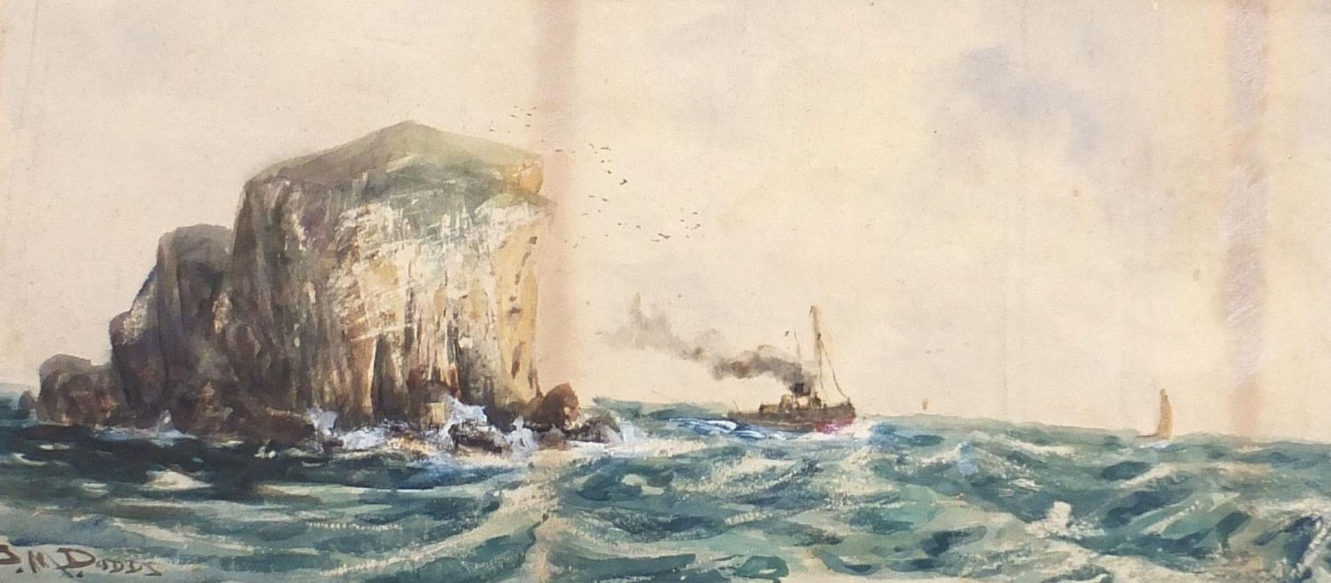 Boat on stormy seas, watercolour, signed J M Dodds, mounted, unframed, 50.5cm x 23cm excluding the