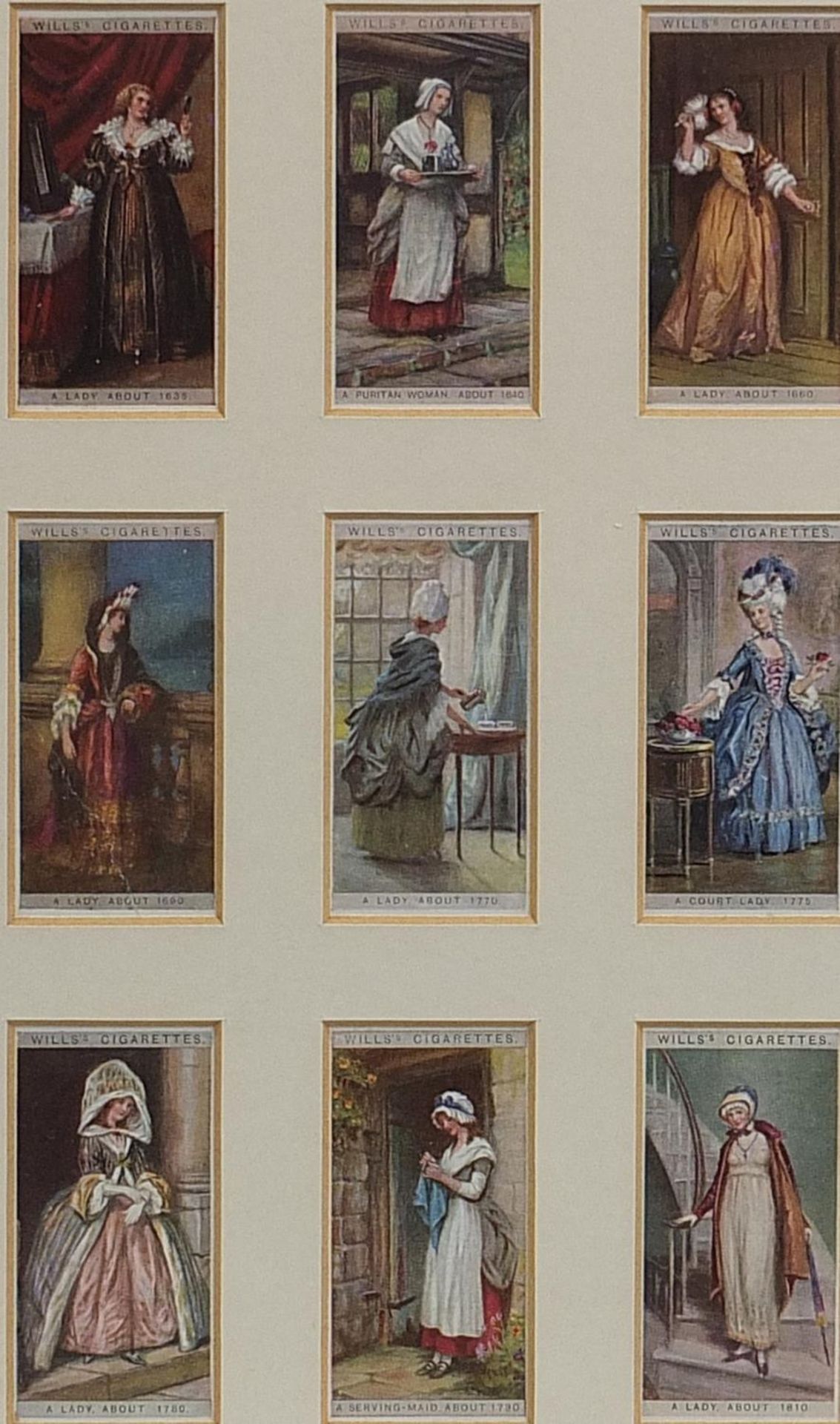 Framed Wills Cigarette cards -English period costumes housed in back and front glass frames, each - Image 6 of 7
