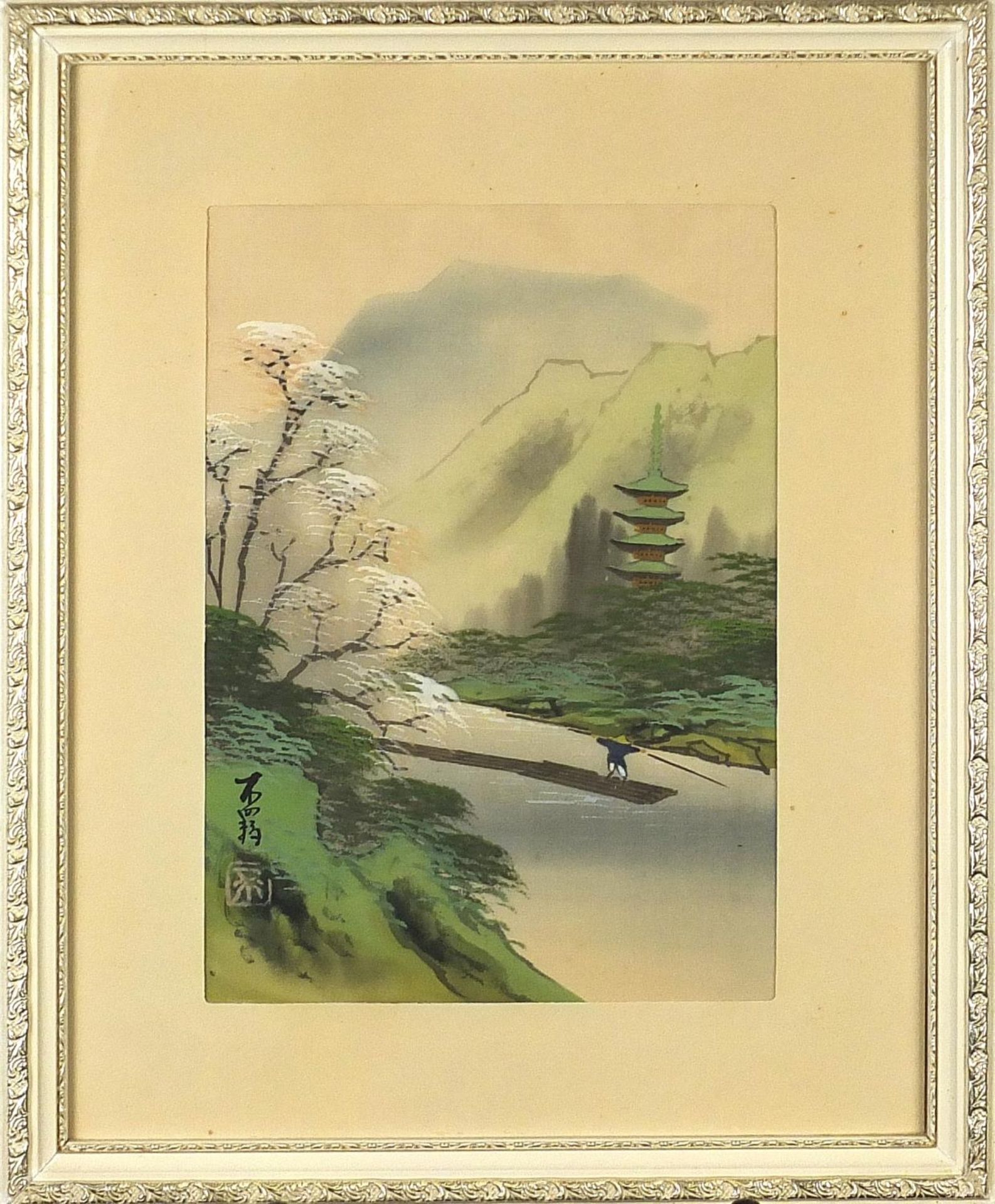 Rivers before mountains, pair of Chinese watercolours on silk with character marks and red seal - Bild 3 aus 9