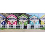 VW camper van beach huts, large retro print onto canvas, 122cm x 50cm