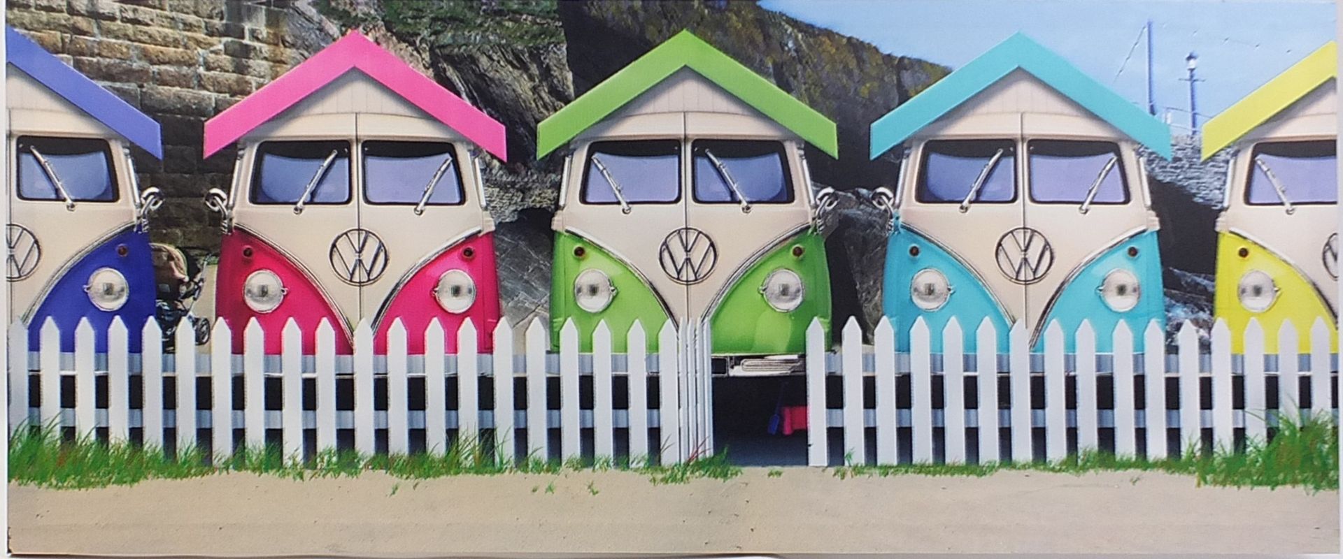 VW camper van beach huts, large retro print onto canvas, 122cm x 50cm