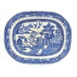 Large Victorian C P & Co blue and white willow pattern pottery meat plate, 44cm x 35cm