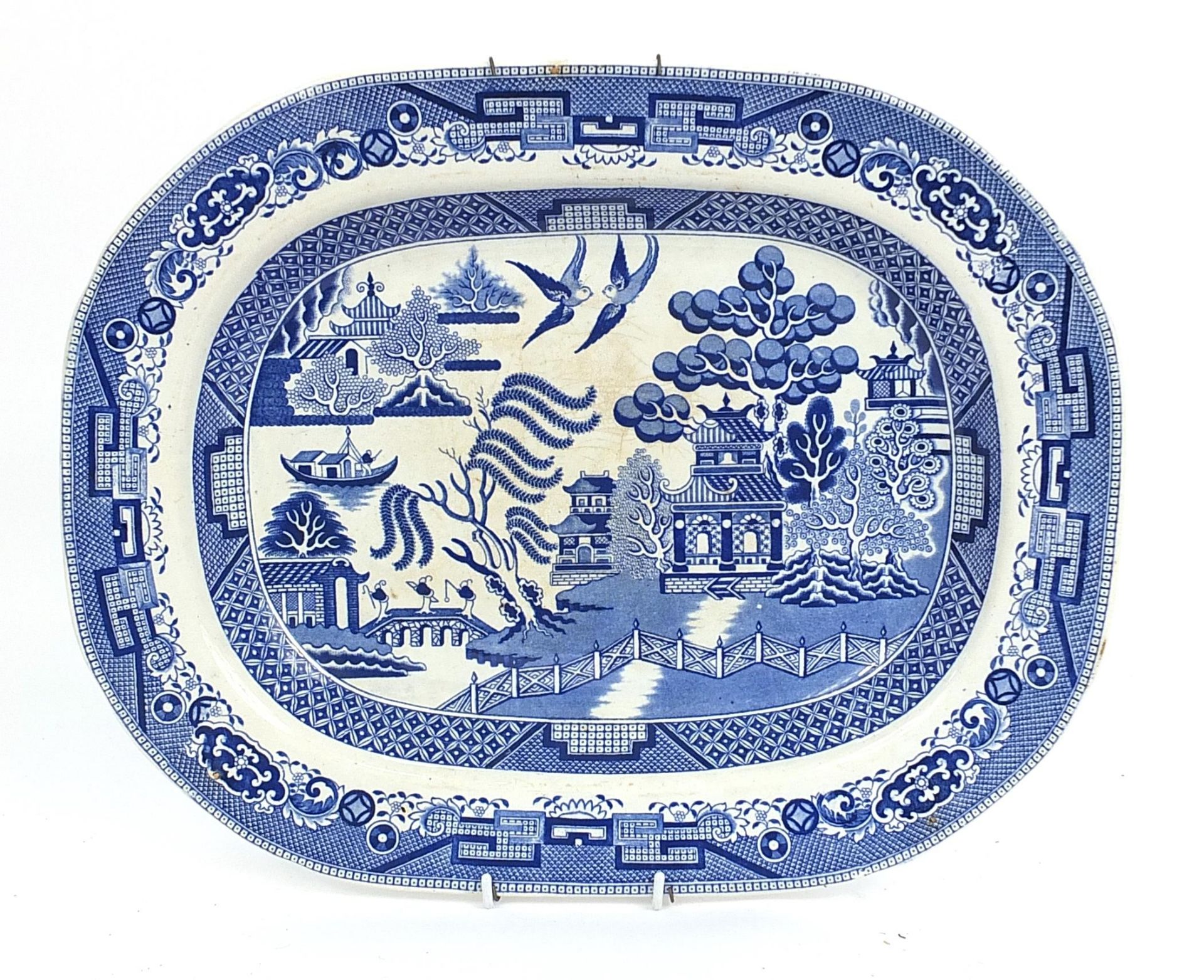 Large Victorian C P & Co blue and white willow pattern pottery meat plate, 44cm x 35cm