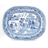 Early Victorian blue and white Willow pattern pottery meat plate, 44cm x 35cm