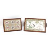 Mahogany tiled tray with a Victorian oak ceramic panelled tray decorated with birds, the largest