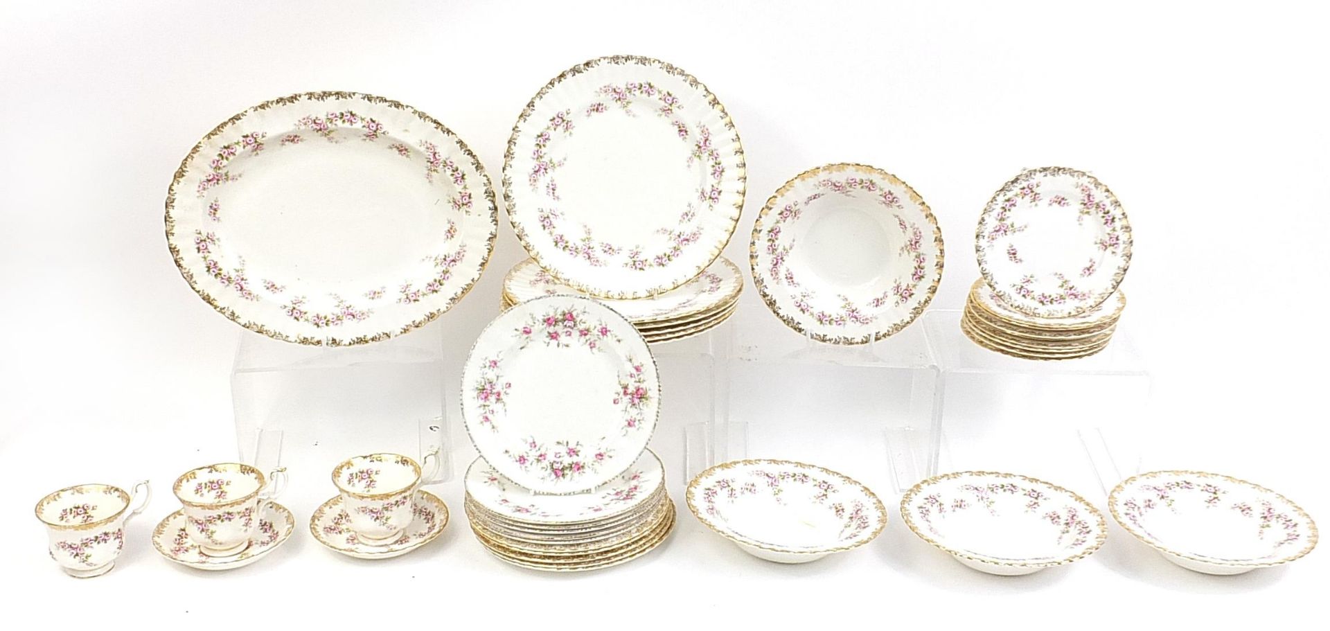 Royal Albert Dimiti Rose tea and dinner ware including a large platter, the platter 35cm in diameter