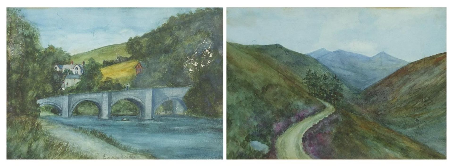 Landscape and two figures on bridge, pair of watercolours, mounted, framed and glazed, 24.5cm x 17cm