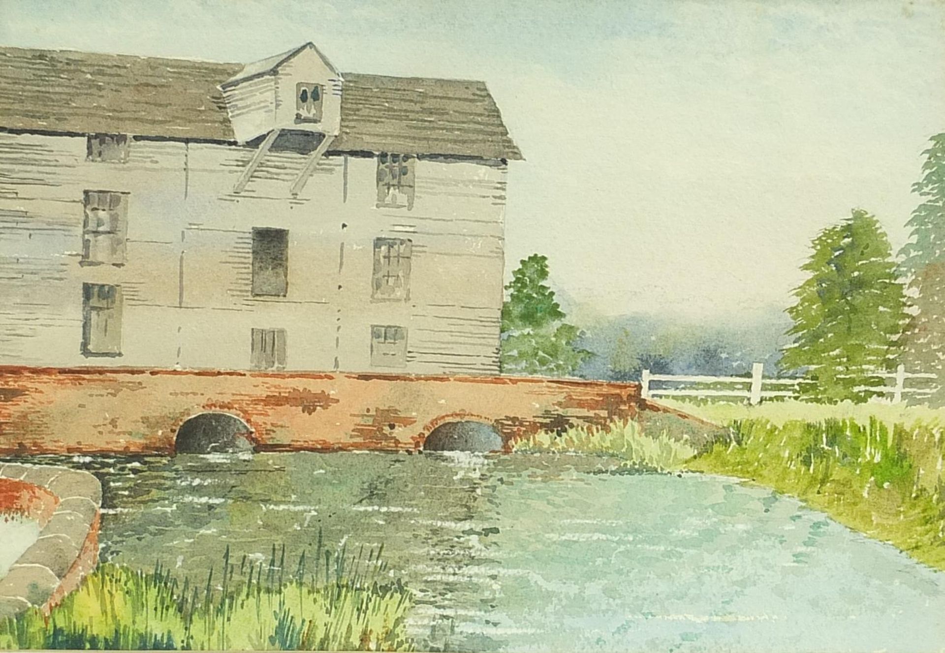 Building on a bridge over a stream, watercolour, mounted, framed and glazed, 36.5cm x 25cm excluding