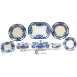 Victorian Burleigh blue and white porcelain dinnerware including lidded tureen and sauce boat on