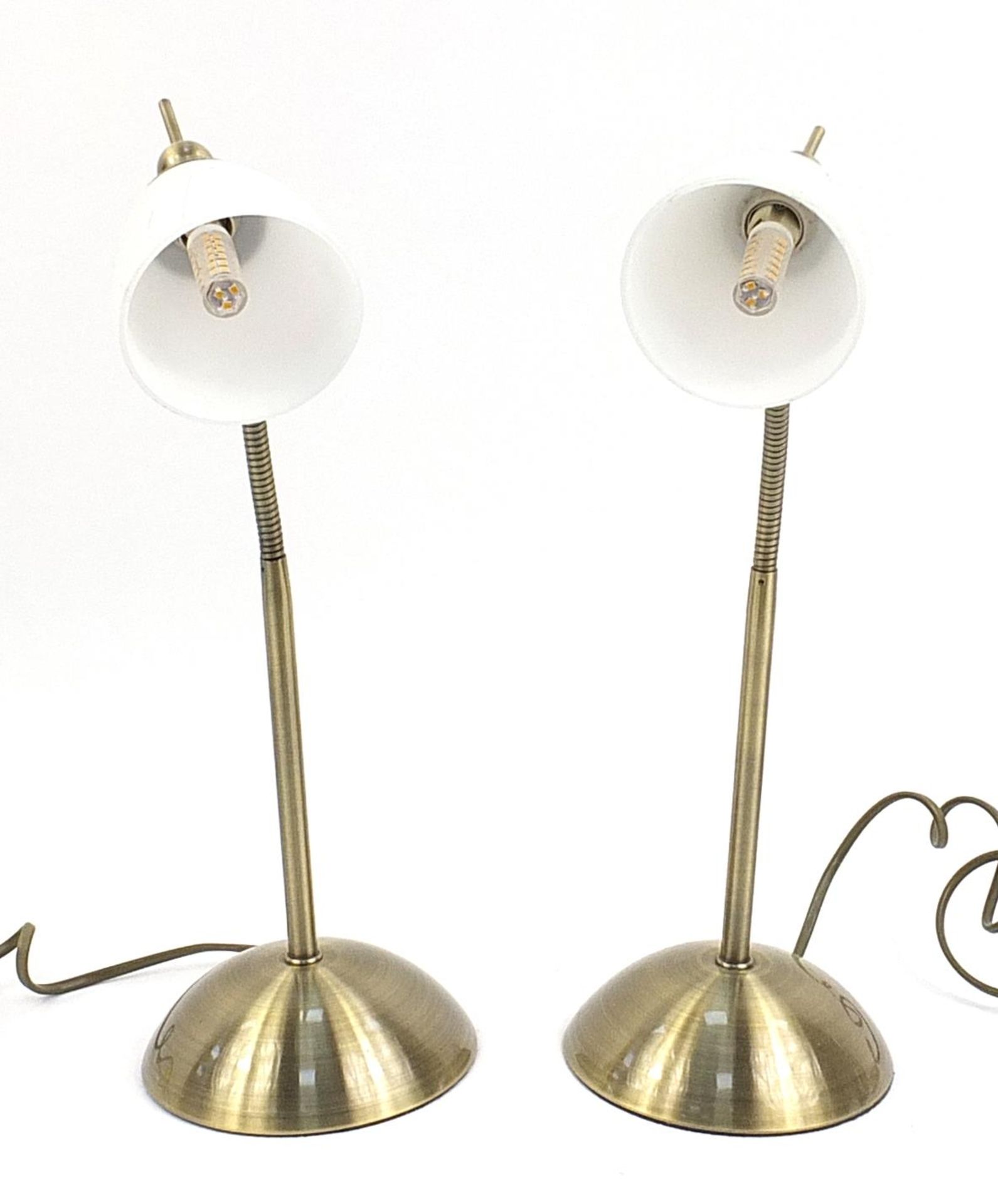 Pair of gilt metal student Anglepoise lamps with white glass shades, 43cm high
