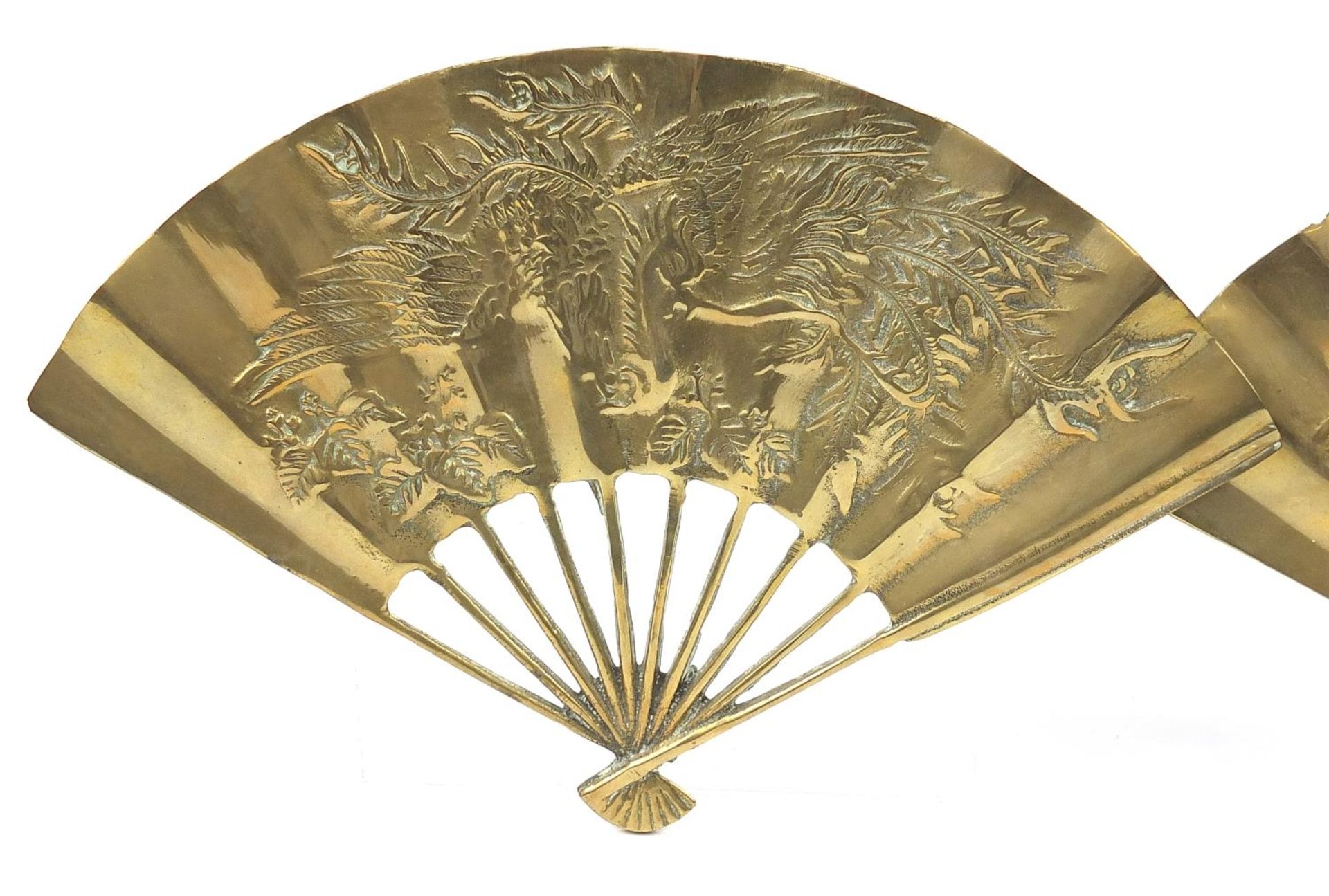 Pair of Chinese brass fans decorated with a bird of paradise, 18cm wide - Image 2 of 4
