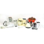 Large selection of kitchen equipment including Kenwood Chef with attachments, bean slicers, electric