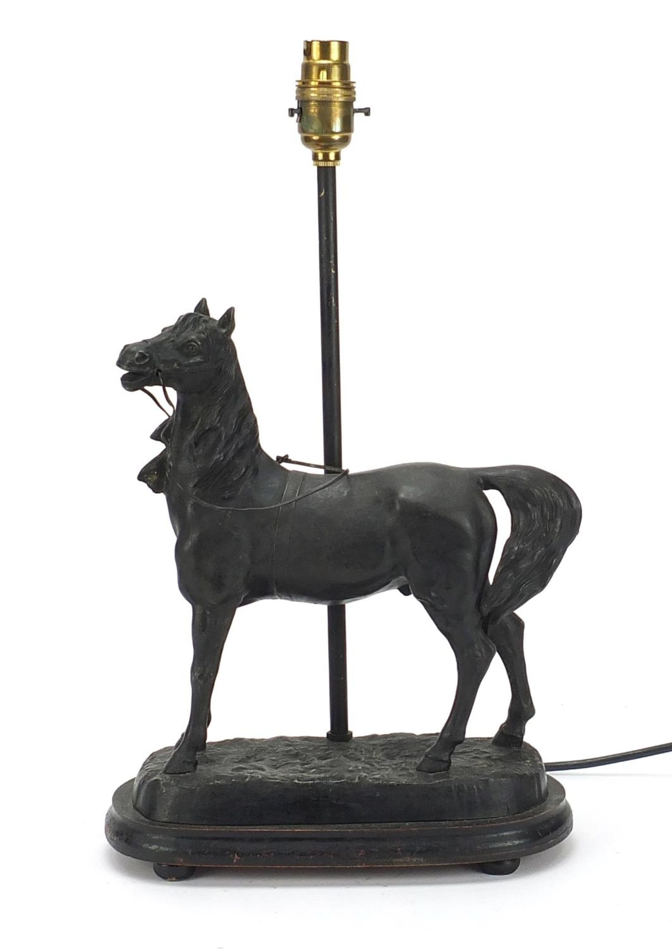 Patinated spelter horse design table lamp with ebonised base, 42cm high - Image 2 of 5